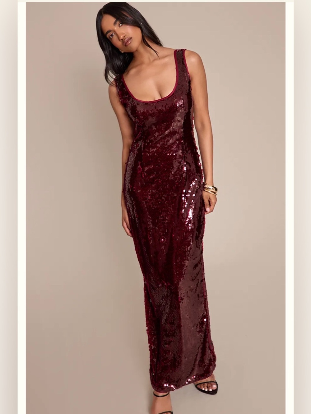 Sequin Scoop Neck Maxi Dress in Burgundy